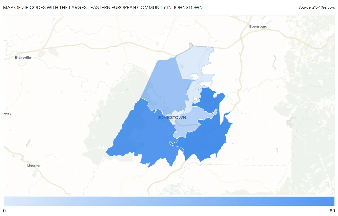 Zip Codes with the Largest Eastern European Community in Johnstown Map