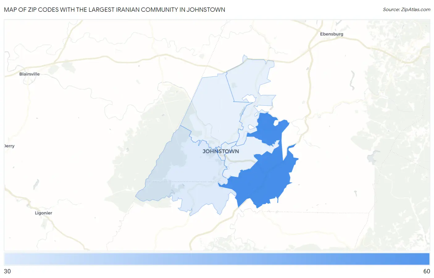 Zip Codes with the Largest Iranian Community in Johnstown Map