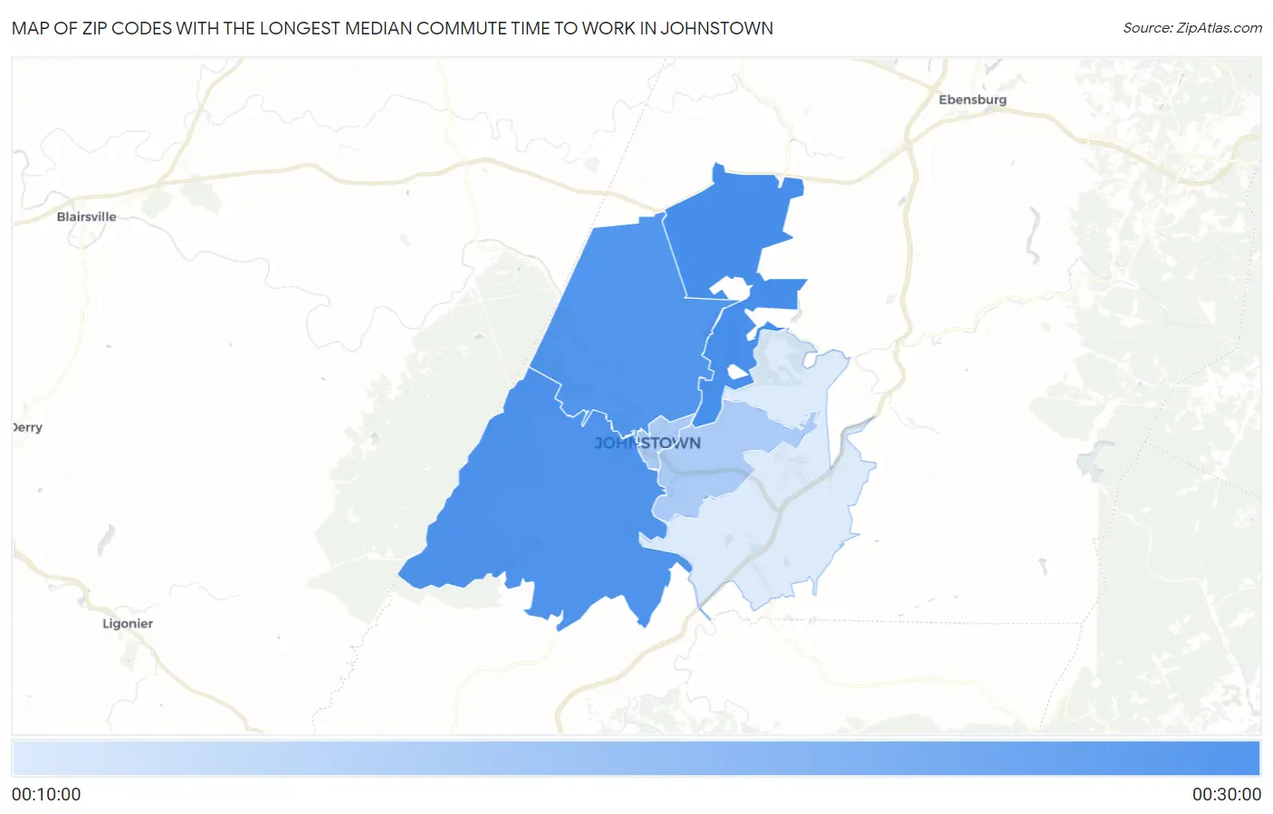 Zip Codes with the Longest Median Commute Time to Work in Johnstown Map