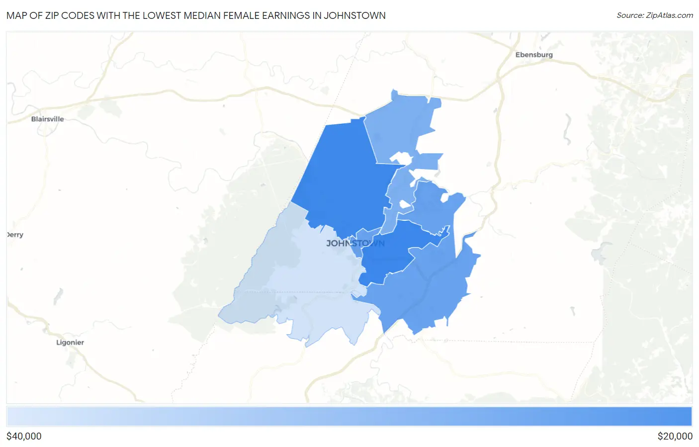 Zip Codes with the Lowest Median Female Earnings in Johnstown Map