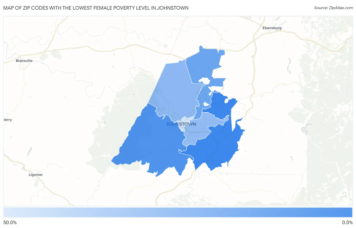 Zip Codes with the Lowest Female Poverty Level in Johnstown Map