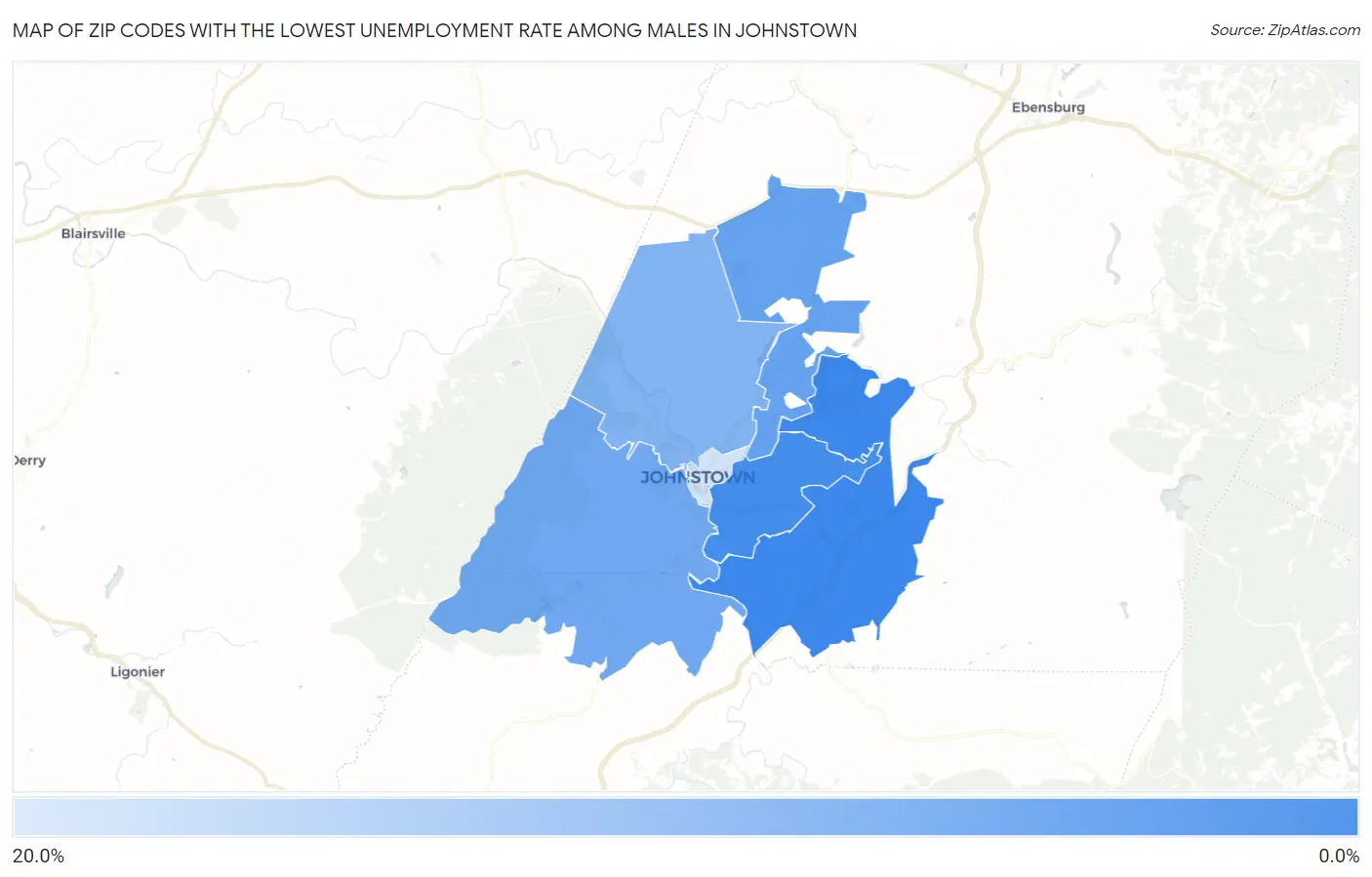 Zip Codes with the Lowest Unemployment Rate Among Males in Johnstown Map