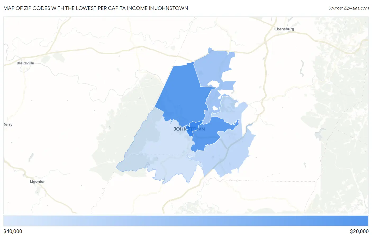 Zip Codes with the Lowest Per Capita Income in Johnstown Map