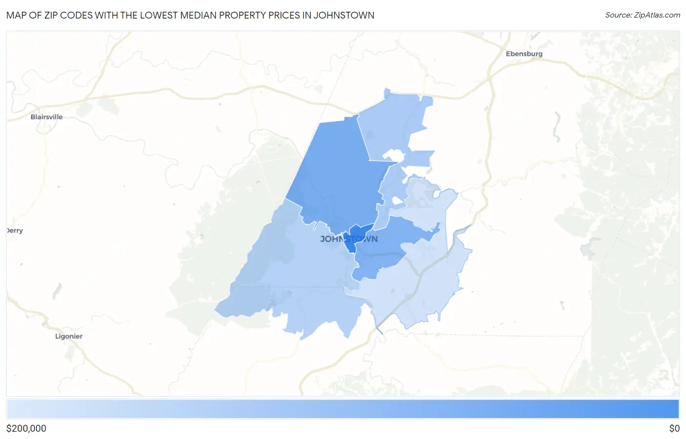 Zip Codes with the Lowest Median Property Prices in Johnstown Map