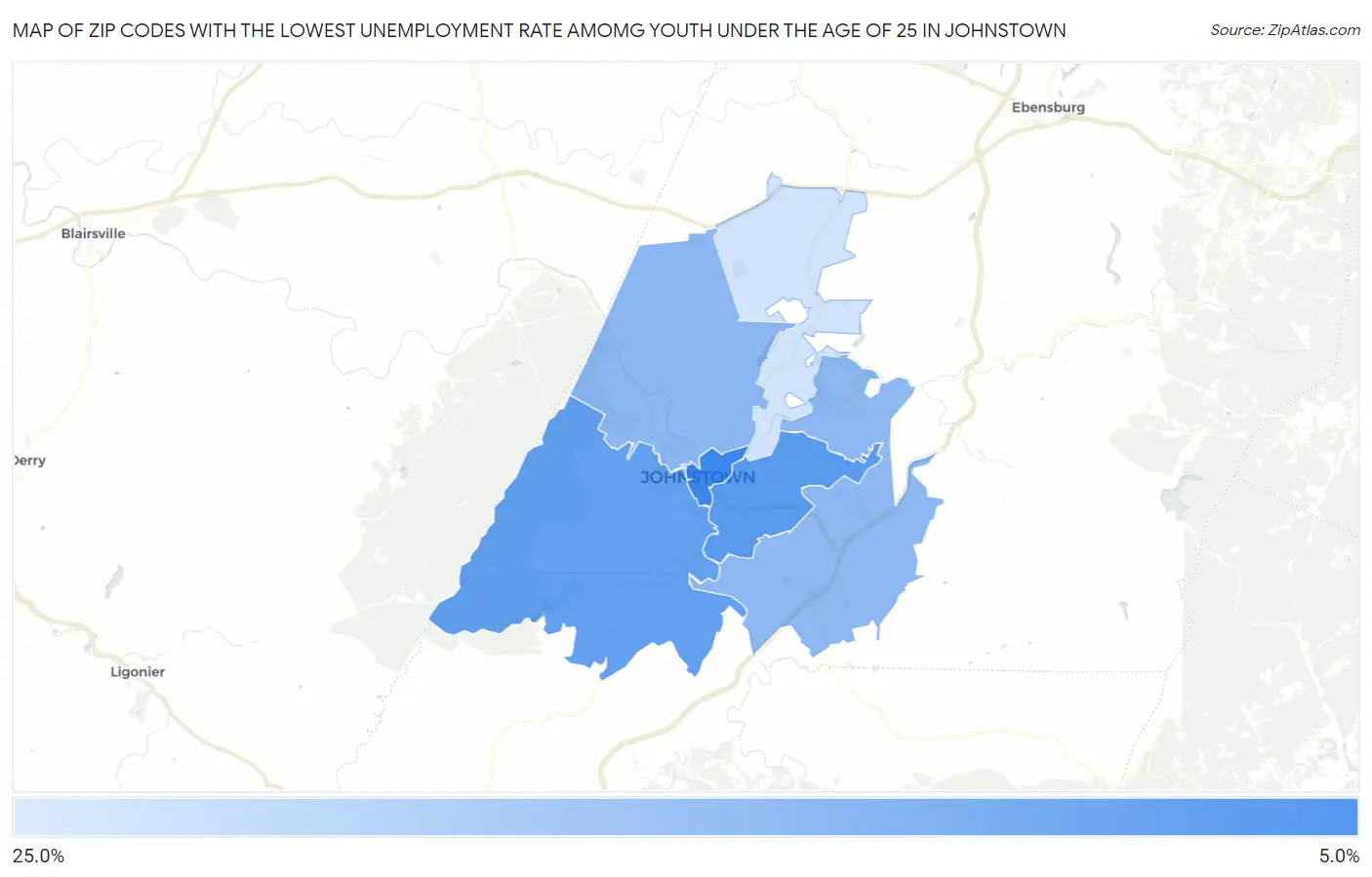 Zip Codes with the Lowest Unemployment Rate Amomg Youth Under the Age of 25 in Johnstown Map