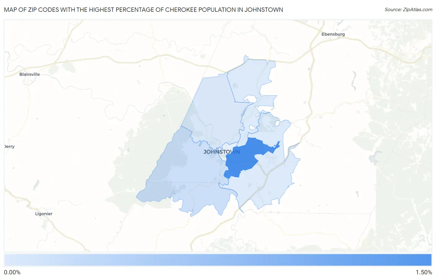 Zip Codes with the Highest Percentage of Cherokee Population in Johnstown Map