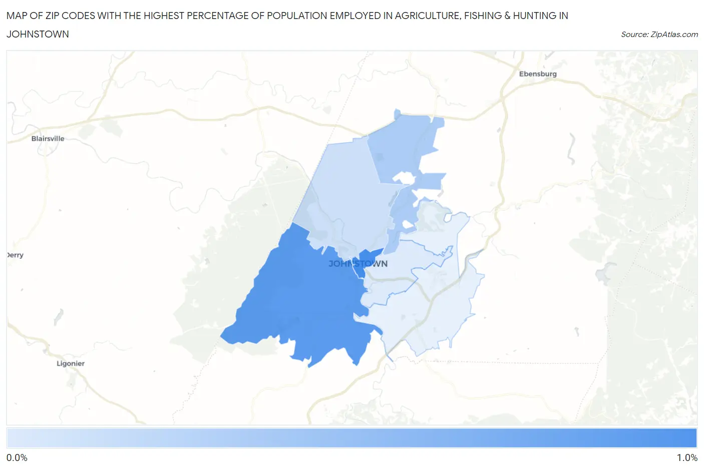 Zip Codes with the Highest Percentage of Population Employed in Agriculture, Fishing & Hunting in Johnstown Map
