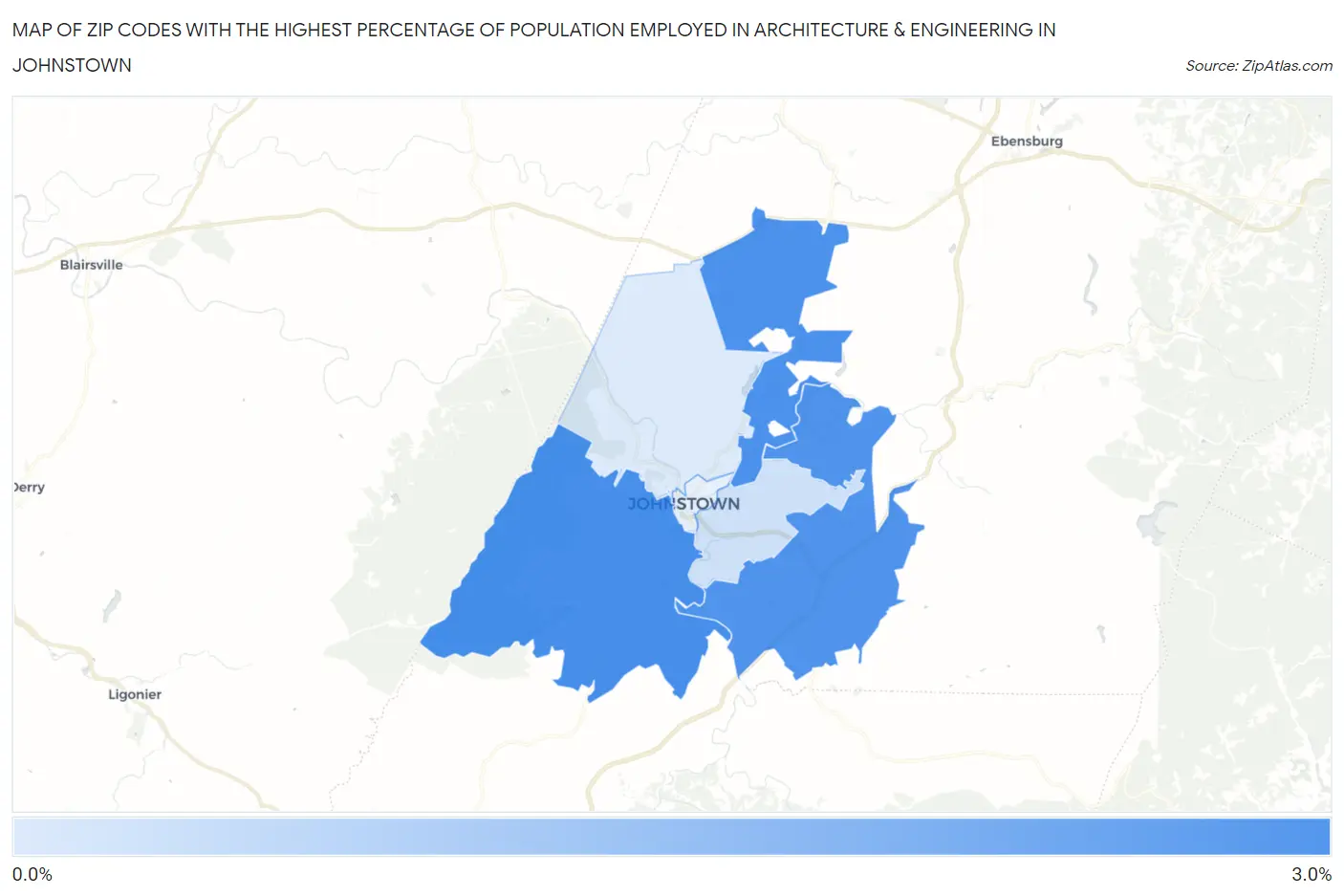 Zip Codes with the Highest Percentage of Population Employed in Architecture & Engineering in Johnstown Map