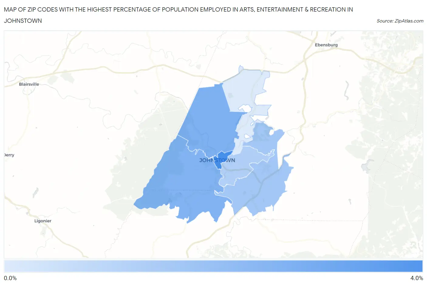 Zip Codes with the Highest Percentage of Population Employed in Arts, Entertainment & Recreation in Johnstown Map
