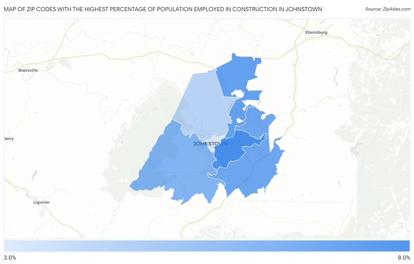 Zip Codes with the Highest Percentage of Population Employed in Construction in Johnstown Map