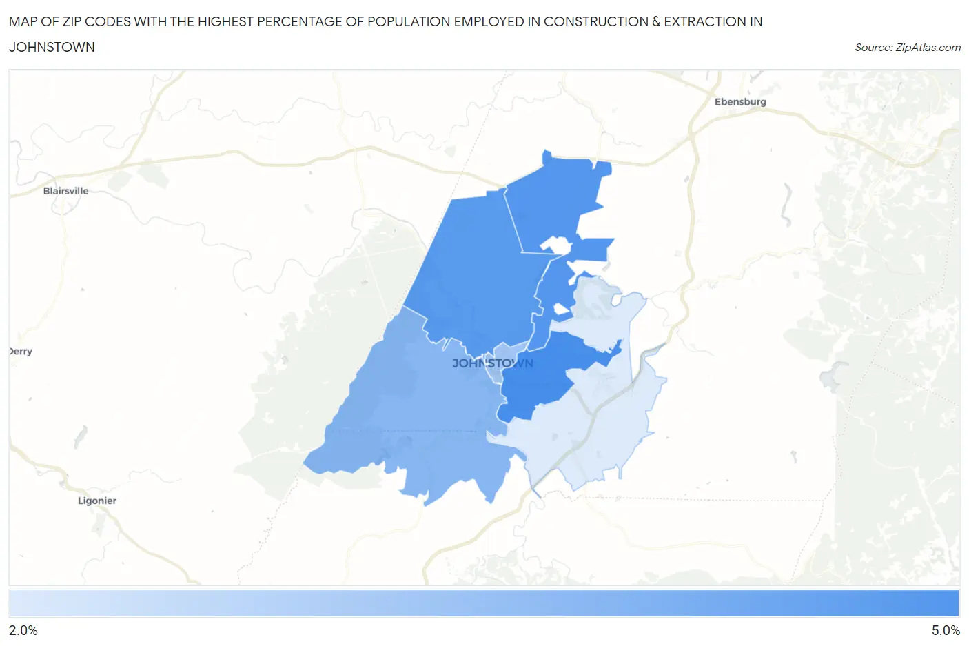Zip Codes with the Highest Percentage of Population Employed in Construction & Extraction in Johnstown Map