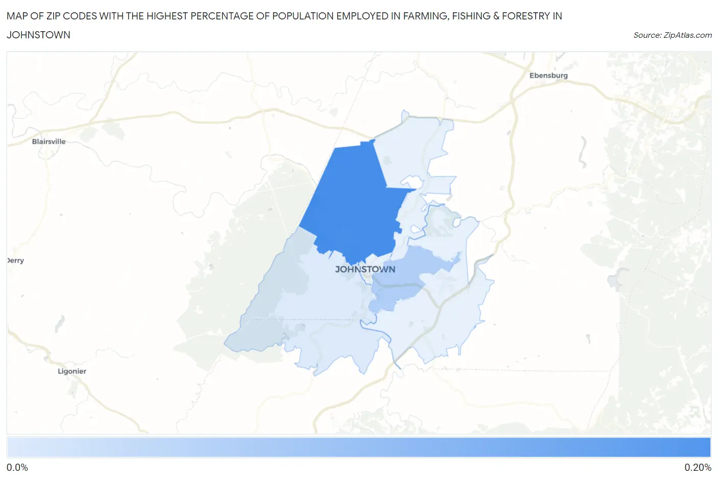 Zip Codes with the Highest Percentage of Population Employed in Farming, Fishing & Forestry in Johnstown Map