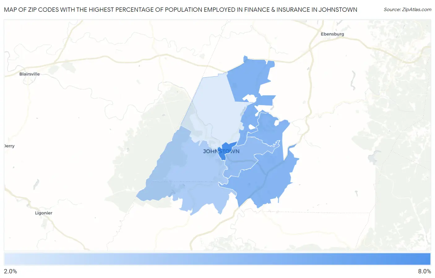 Zip Codes with the Highest Percentage of Population Employed in Finance & Insurance in Johnstown Map