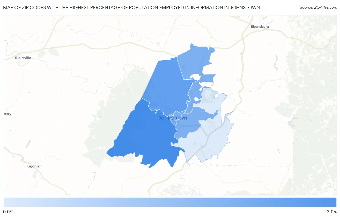 Zip Codes with the Highest Percentage of Population Employed in Information in Johnstown Map