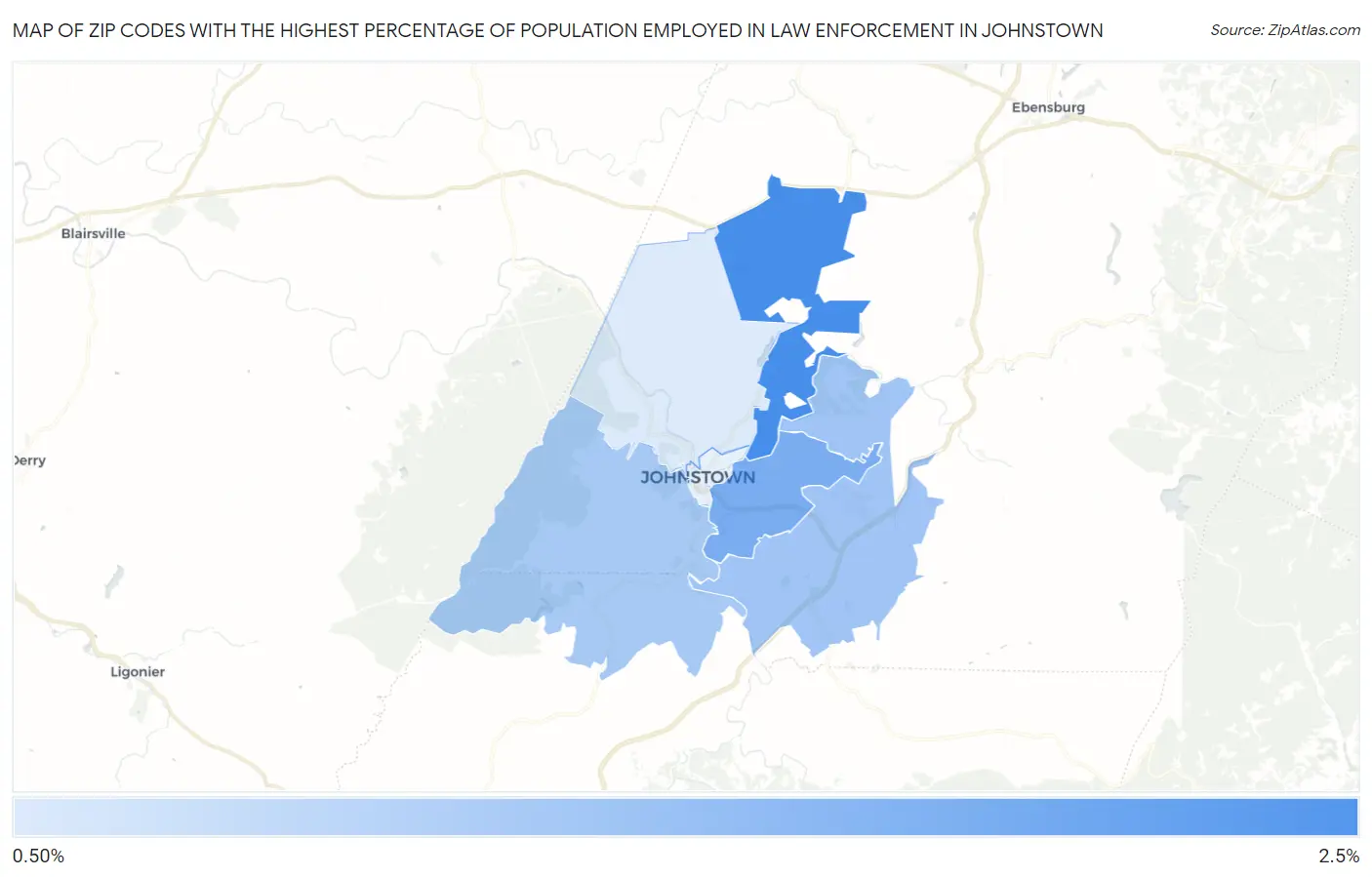 Zip Codes with the Highest Percentage of Population Employed in Law Enforcement in Johnstown Map