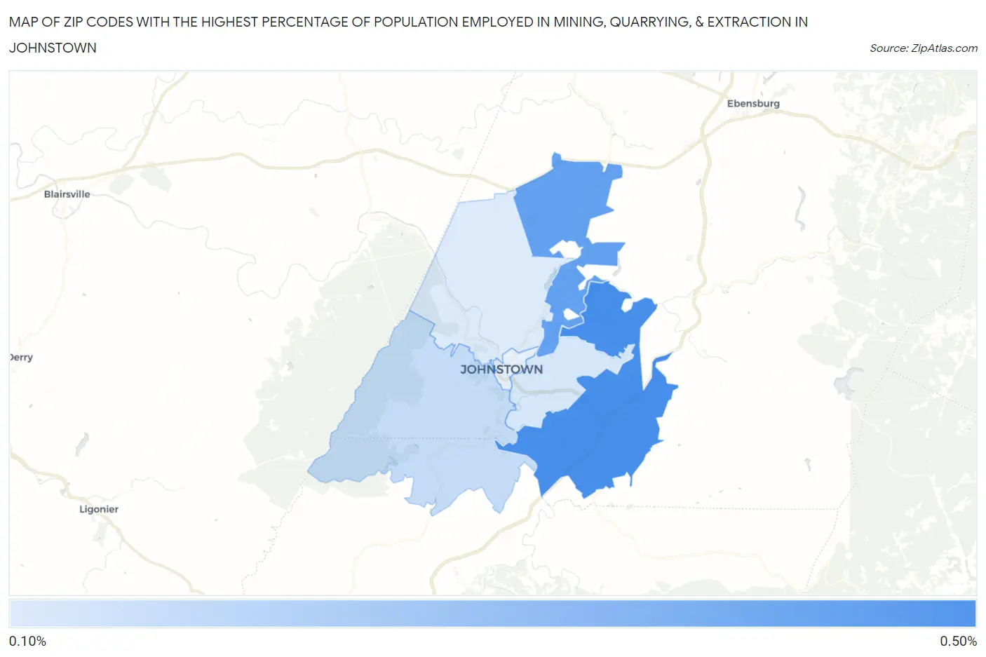 Zip Codes with the Highest Percentage of Population Employed in Mining, Quarrying, & Extraction in Johnstown Map