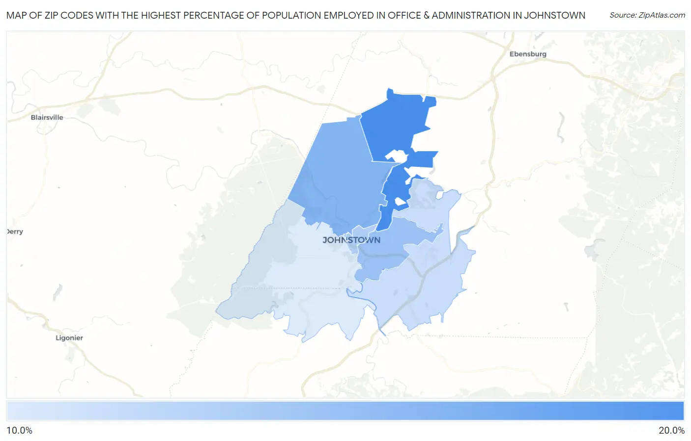 Zip Codes with the Highest Percentage of Population Employed in Office & Administration in Johnstown Map