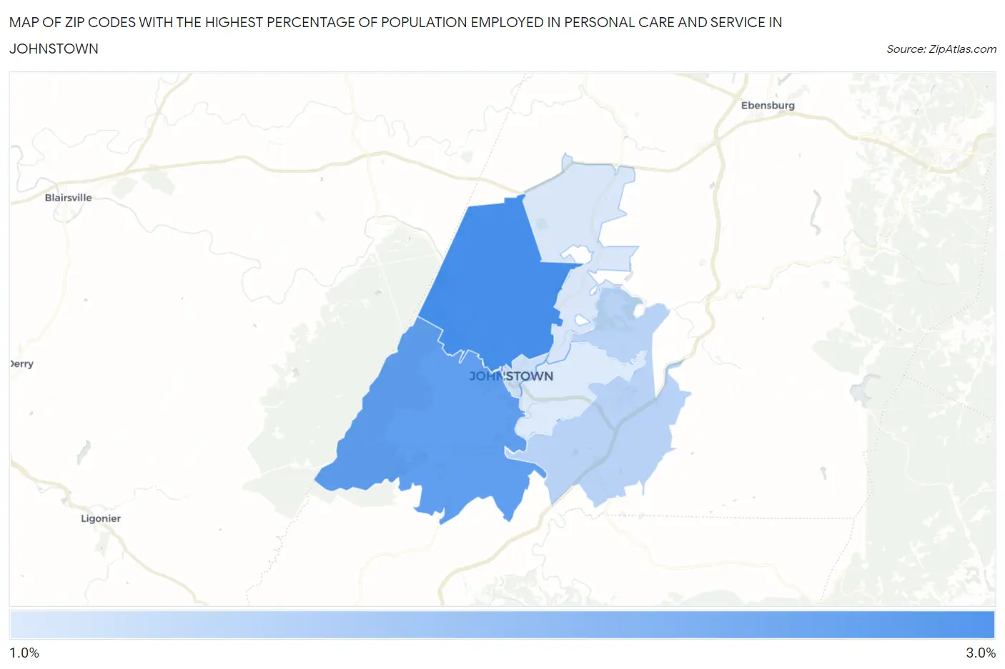 Zip Codes with the Highest Percentage of Population Employed in Personal Care and Service in Johnstown Map