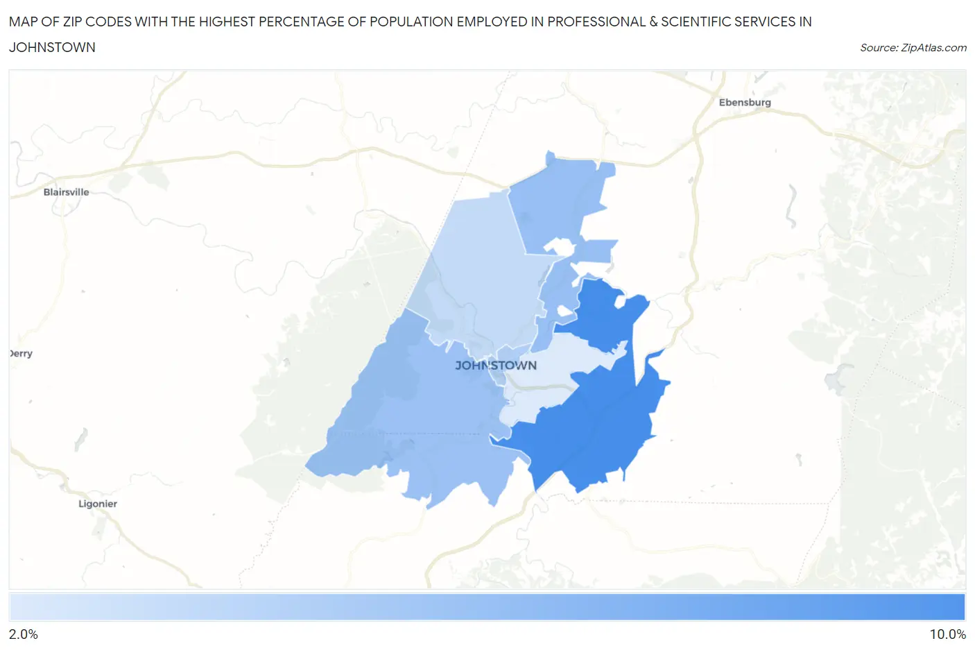 Zip Codes with the Highest Percentage of Population Employed in Professional & Scientific Services in Johnstown Map