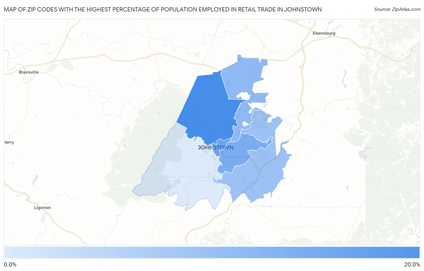Zip Codes with the Highest Percentage of Population Employed in Retail Trade in Johnstown Map