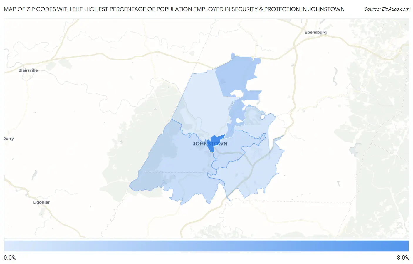 Zip Codes with the Highest Percentage of Population Employed in Security & Protection in Johnstown Map