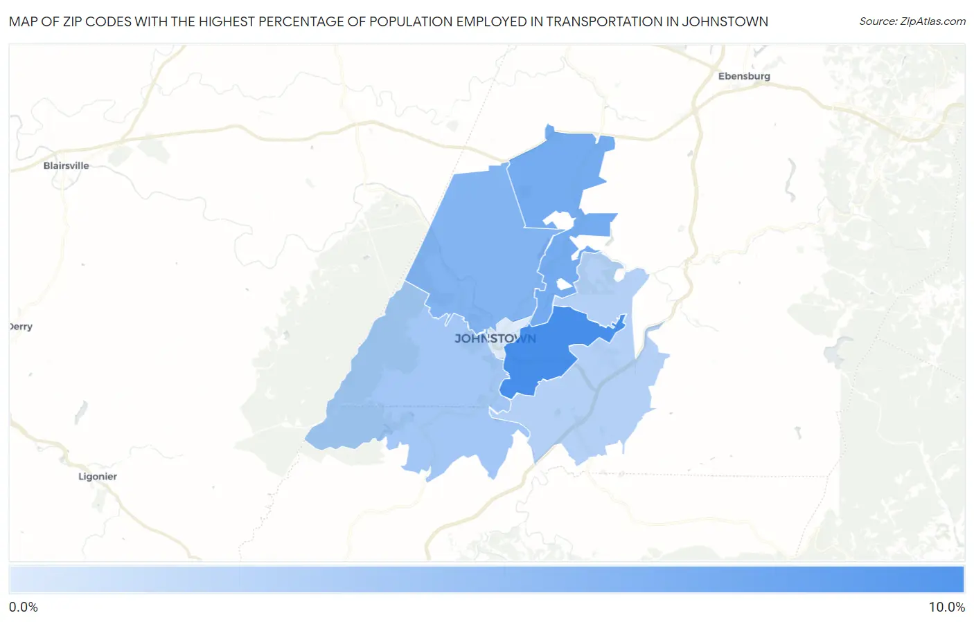 Zip Codes with the Highest Percentage of Population Employed in Transportation in Johnstown Map