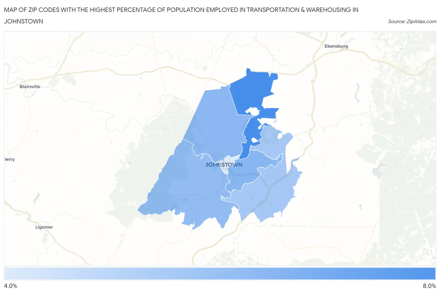 Zip Codes with the Highest Percentage of Population Employed in Transportation & Warehousing in Johnstown Map