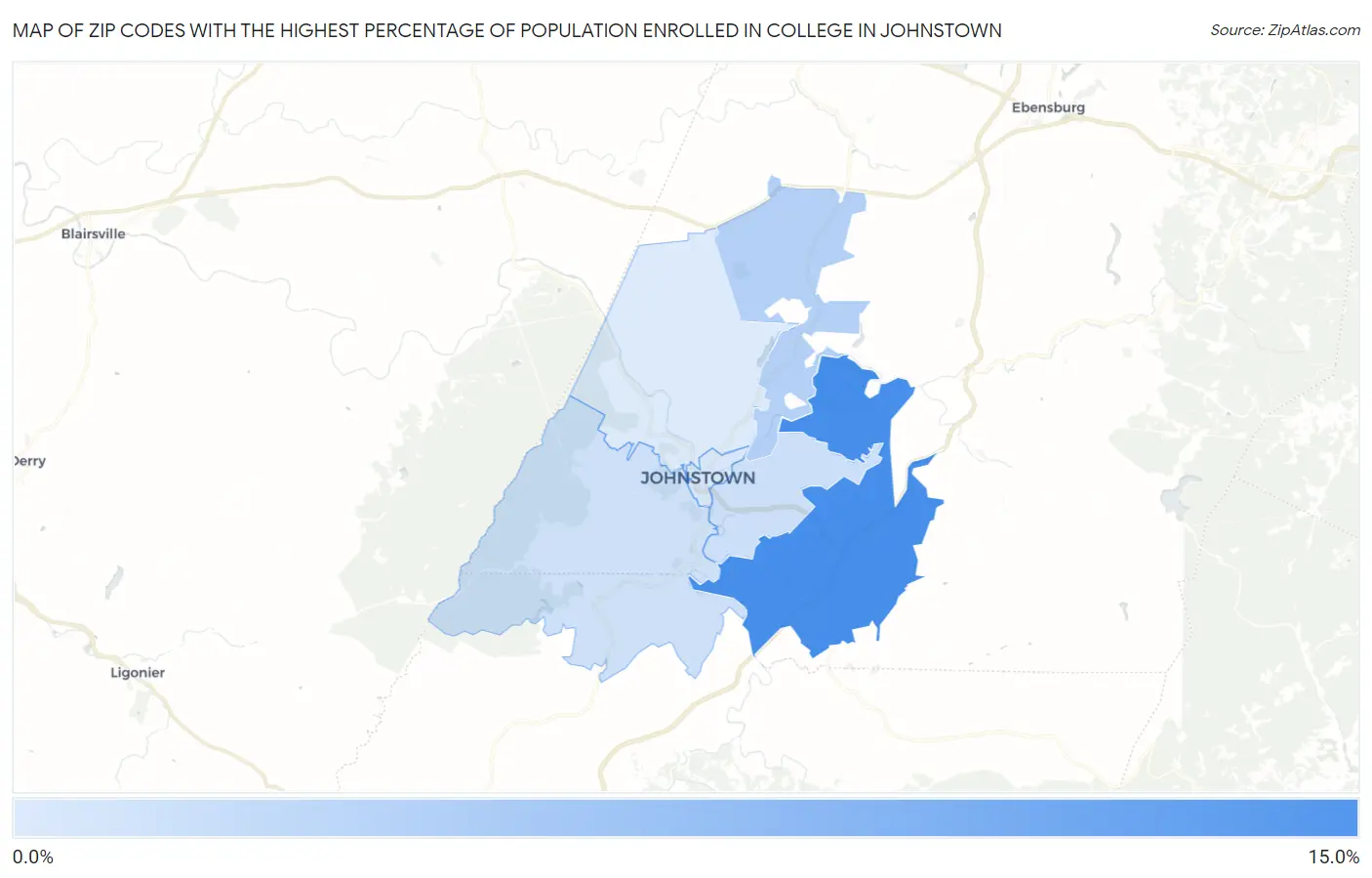 Zip Codes with the Highest Percentage of Population Enrolled in College in Johnstown Map