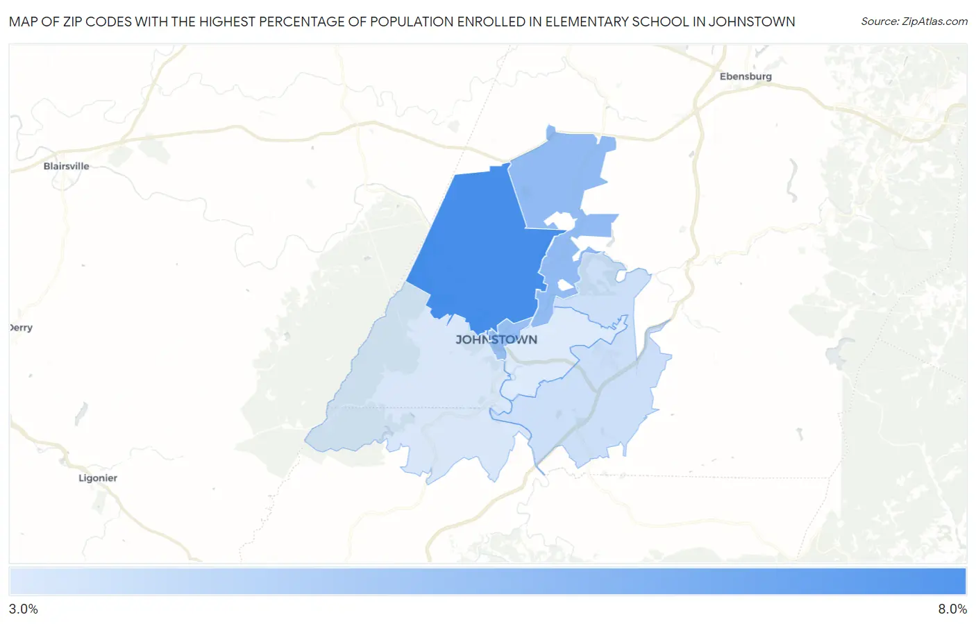 Zip Codes with the Highest Percentage of Population Enrolled in Elementary School in Johnstown Map