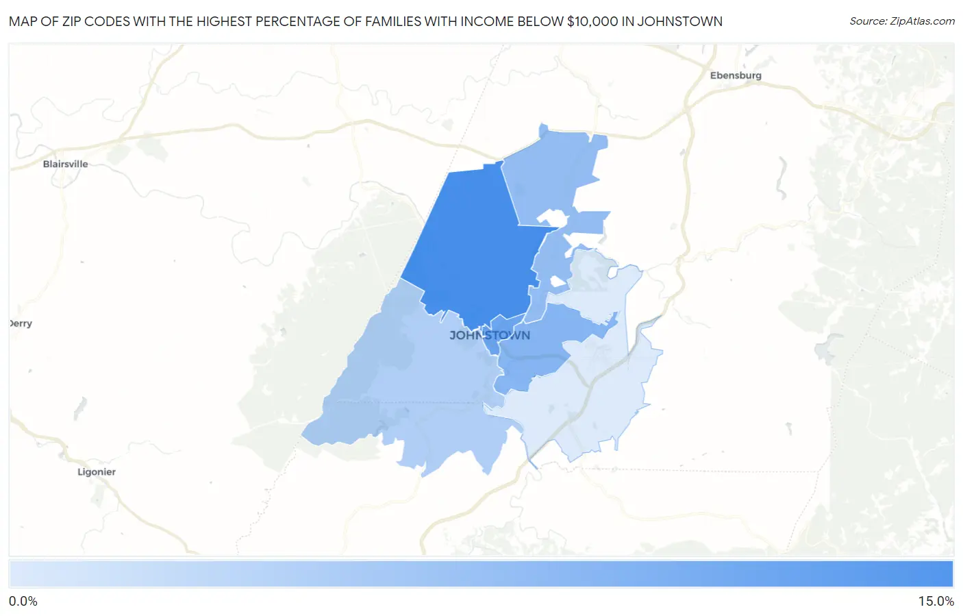 Zip Codes with the Highest Percentage of Families with Income Below $10,000 in Johnstown Map