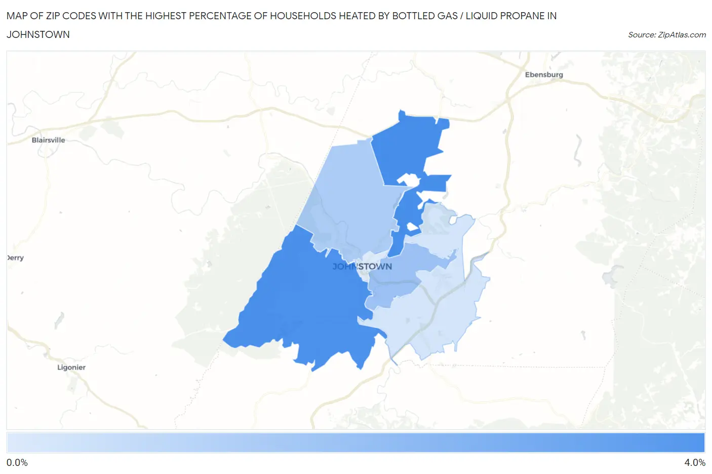 Zip Codes with the Highest Percentage of Households Heated by Bottled Gas / Liquid Propane in Johnstown Map