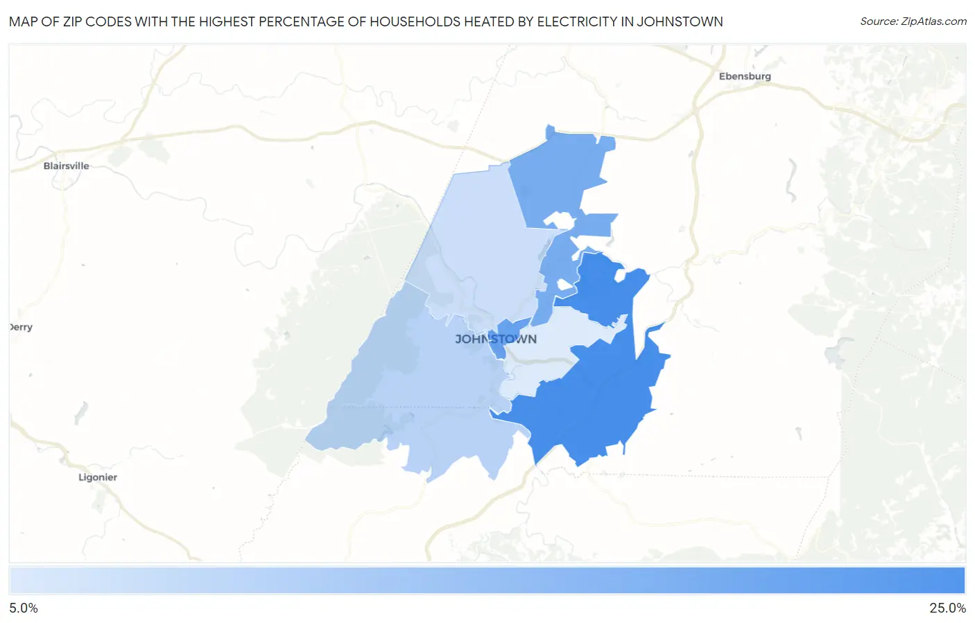 Zip Codes with the Highest Percentage of Households Heated by Electricity in Johnstown Map