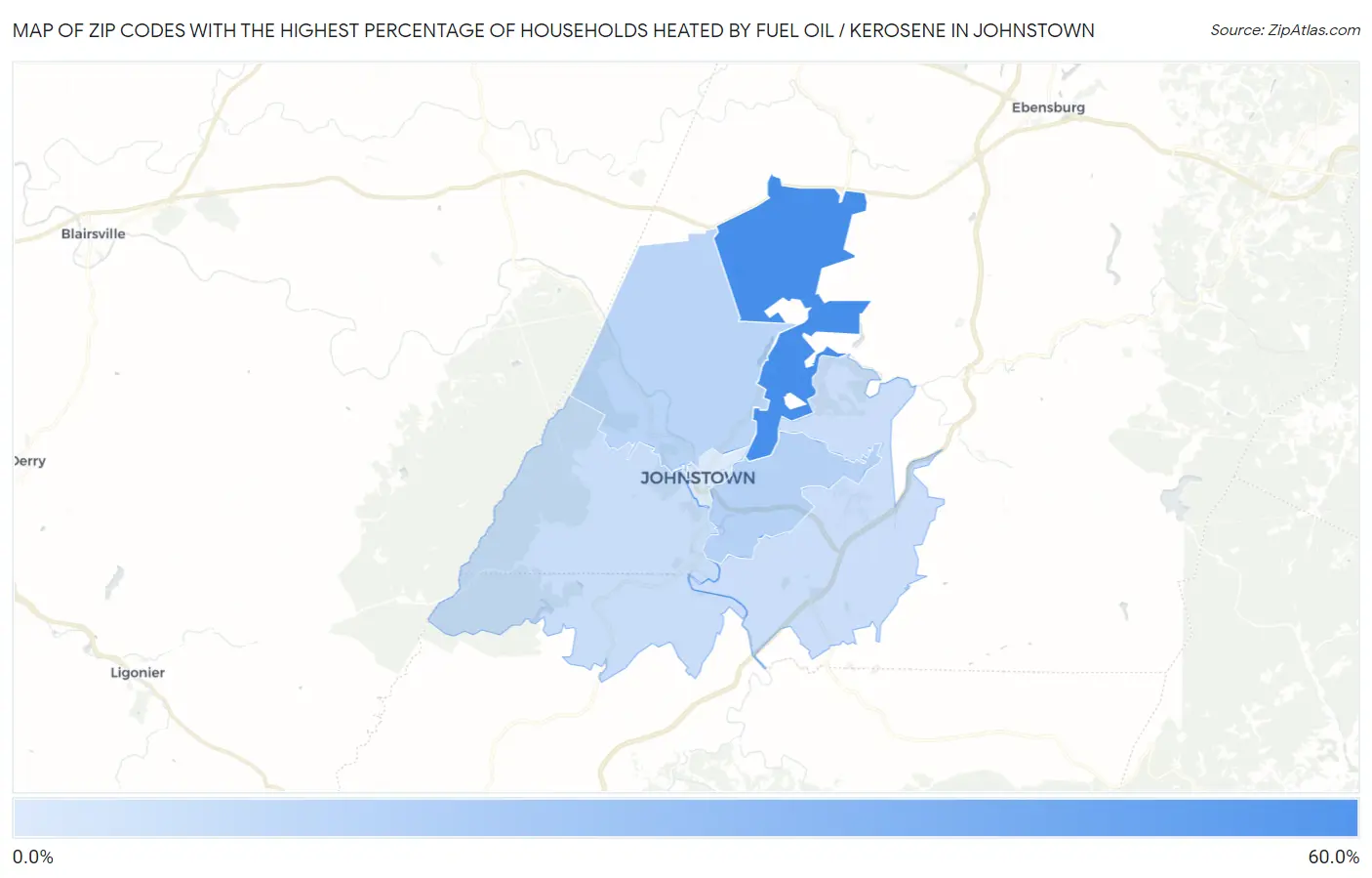 Zip Codes with the Highest Percentage of Households Heated by Fuel Oil / Kerosene in Johnstown Map