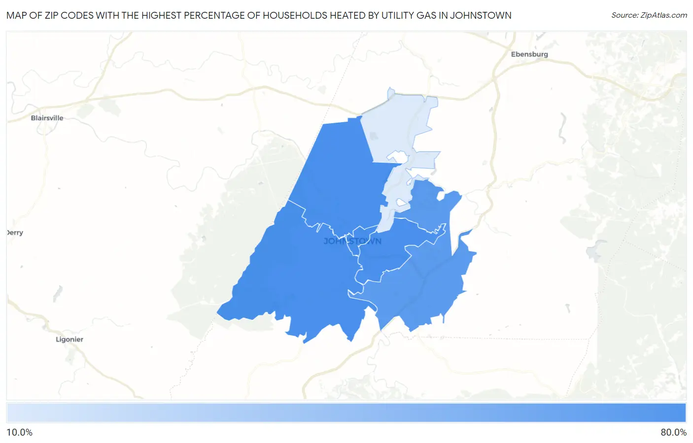 Zip Codes with the Highest Percentage of Households Heated by Utility Gas in Johnstown Map