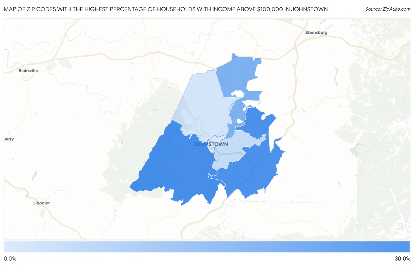 Zip Codes with the Highest Percentage of Households with Income Above $100,000 in Johnstown Map