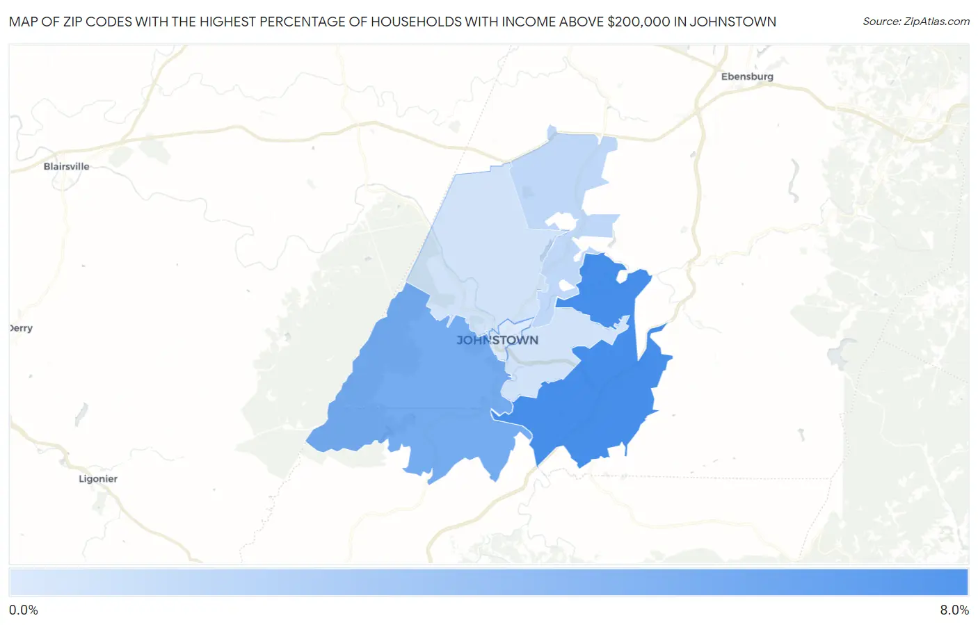 Zip Codes with the Highest Percentage of Households with Income Above $200,000 in Johnstown Map