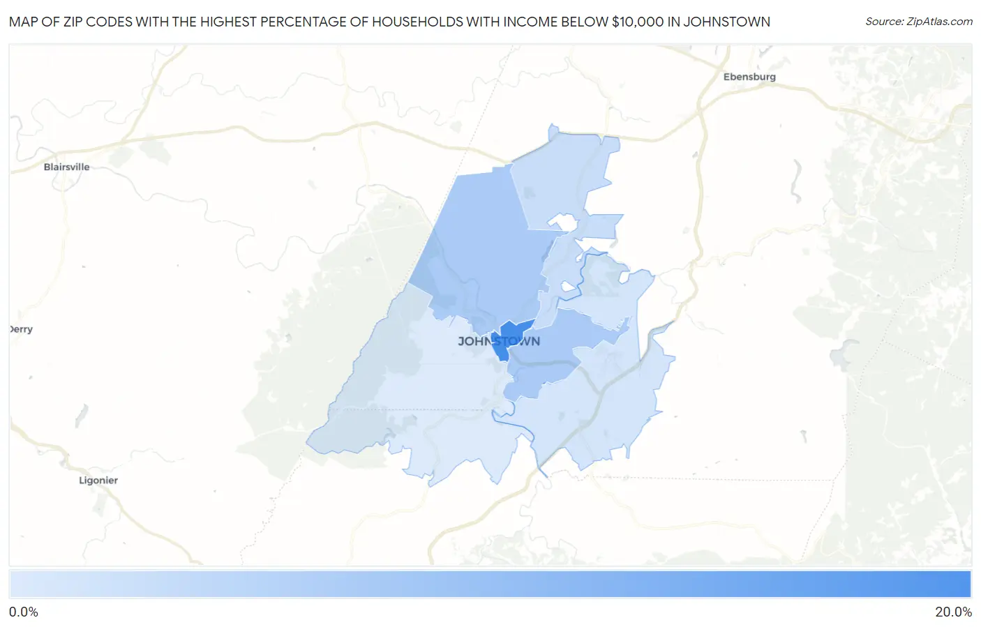 Zip Codes with the Highest Percentage of Households with Income Below $10,000 in Johnstown Map