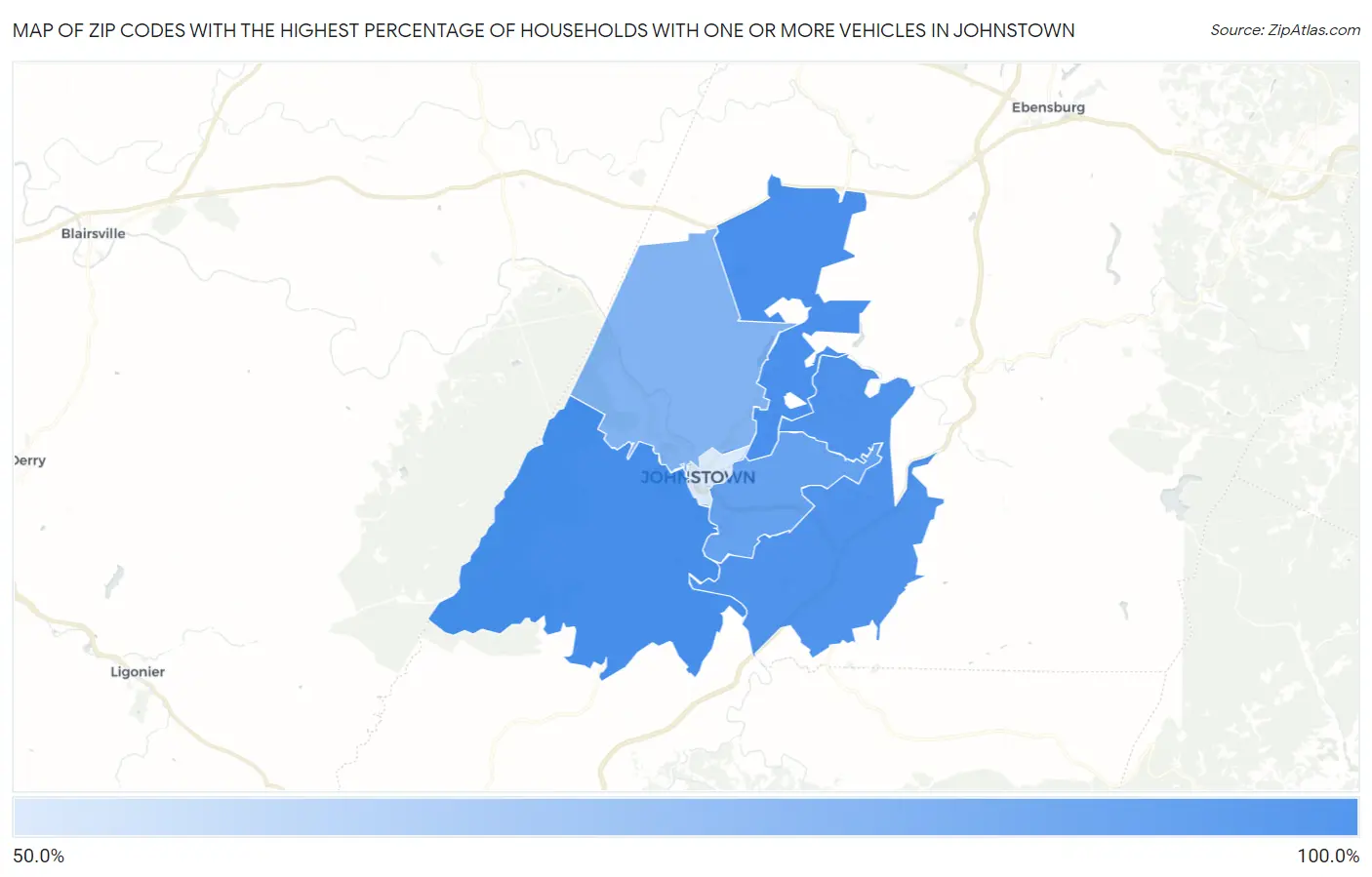 Zip Codes with the Highest Percentage of Households With One or more Vehicles in Johnstown Map