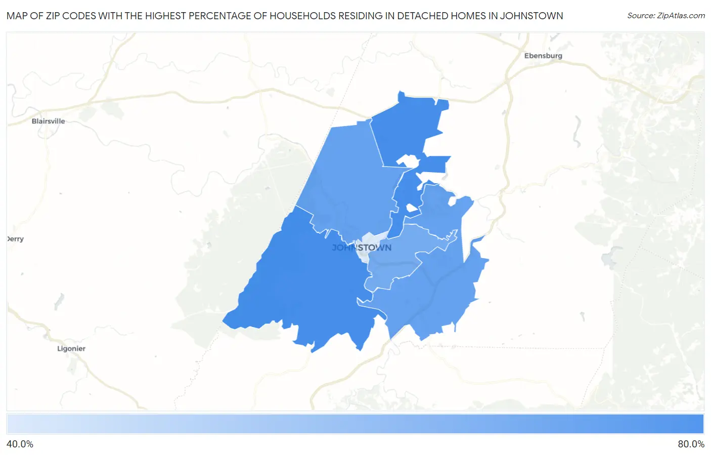 Zip Codes with the Highest Percentage of Households Residing in Detached Homes in Johnstown Map
