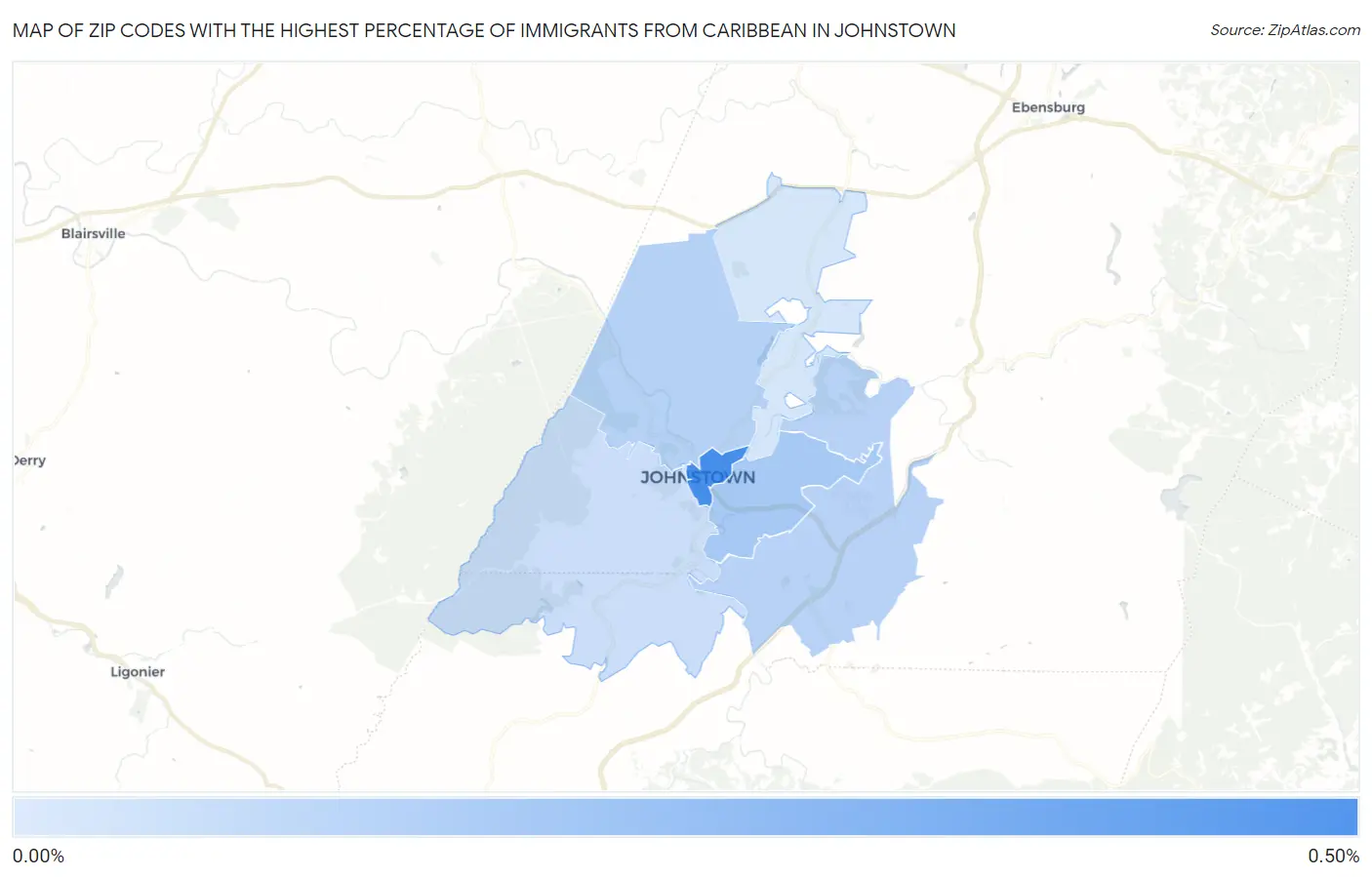 Zip Codes with the Highest Percentage of Immigrants from Caribbean in Johnstown Map