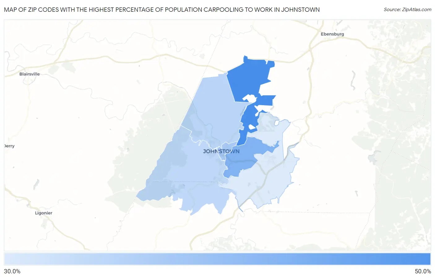 Zip Codes with the Highest Percentage of Population Carpooling to Work in Johnstown Map