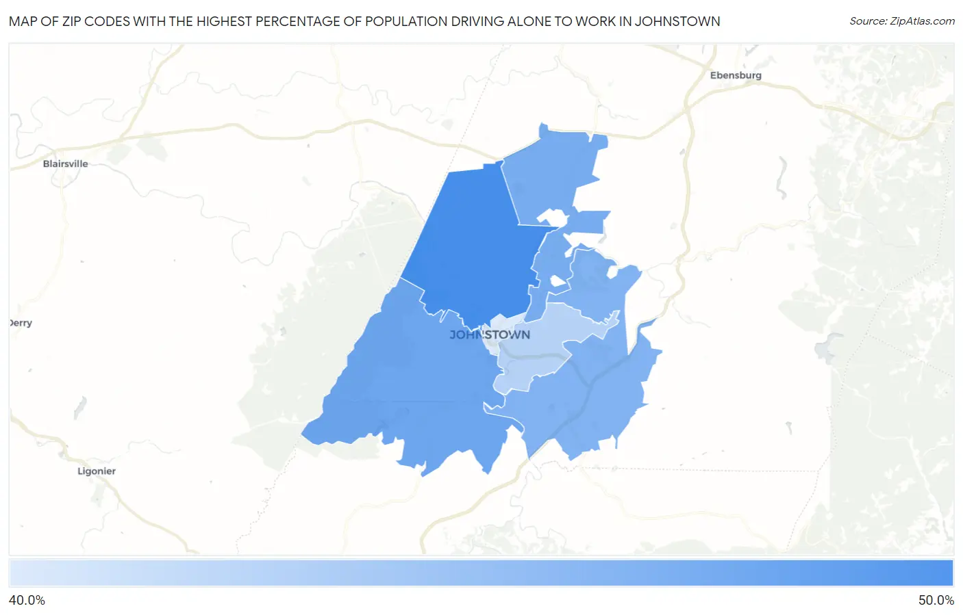 Zip Codes with the Highest Percentage of Population Driving Alone to Work in Johnstown Map