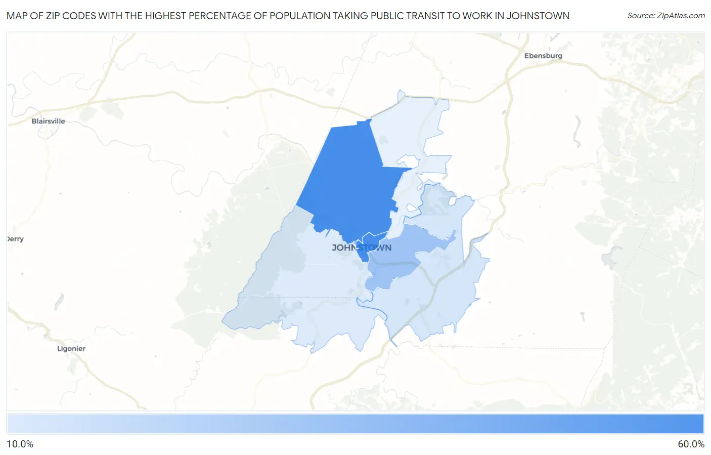 Zip Codes with the Highest Percentage of Population Taking Public Transit to Work in Johnstown Map