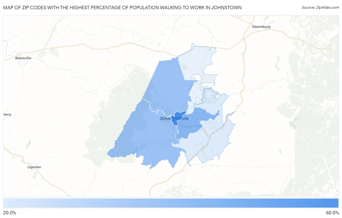 Zip Codes with the Highest Percentage of Population Walking to Work in Johnstown Map