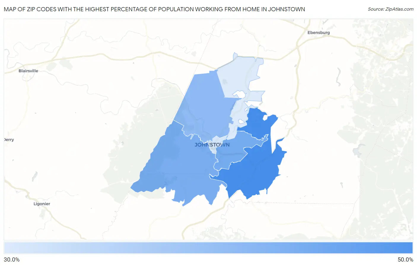 Zip Codes with the Highest Percentage of Population Working from Home in Johnstown Map