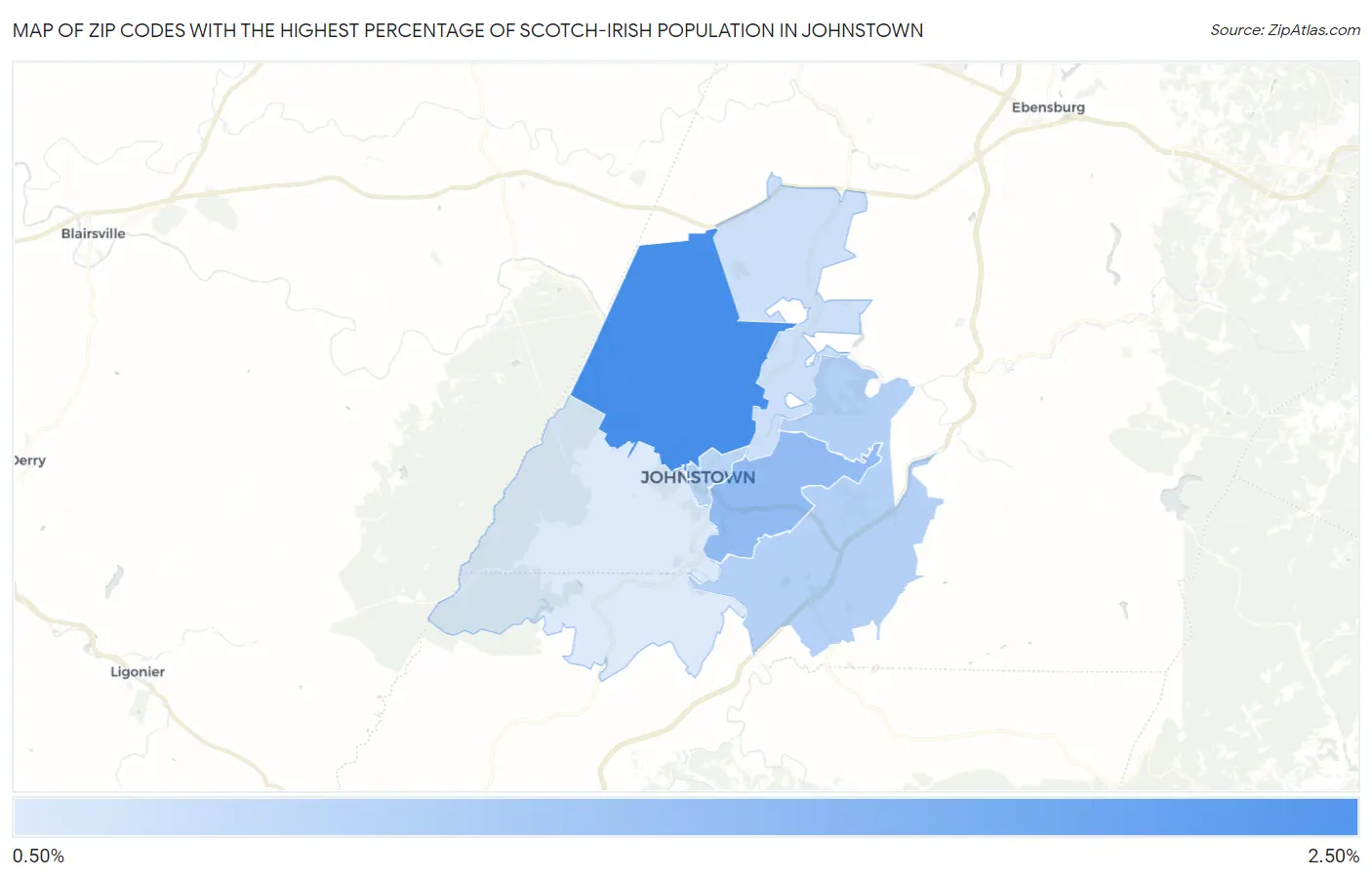 Zip Codes with the Highest Percentage of Scotch-Irish Population in Johnstown Map