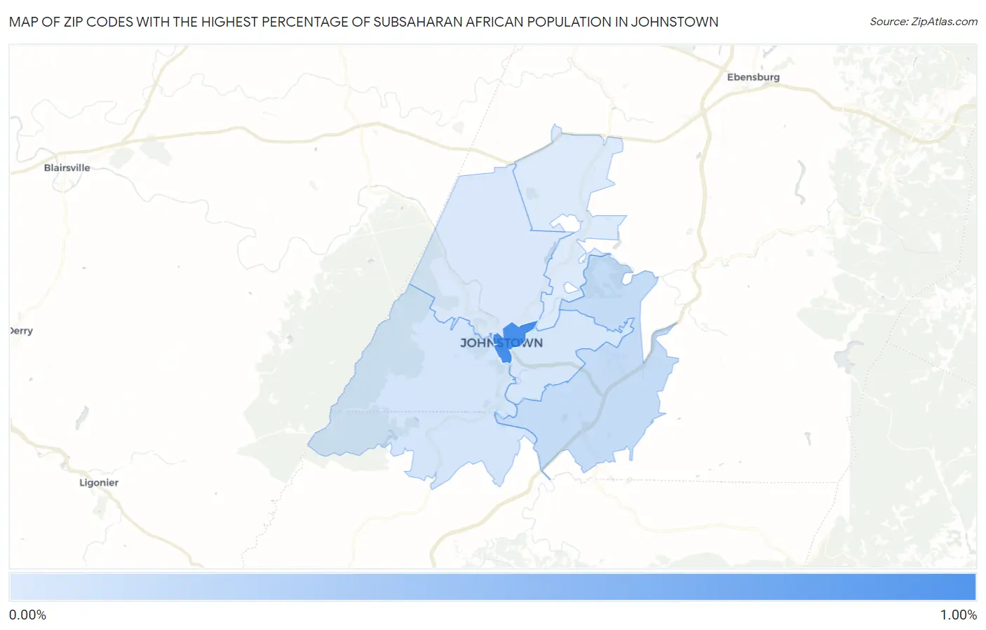 Zip Codes with the Highest Percentage of Subsaharan African Population in Johnstown Map