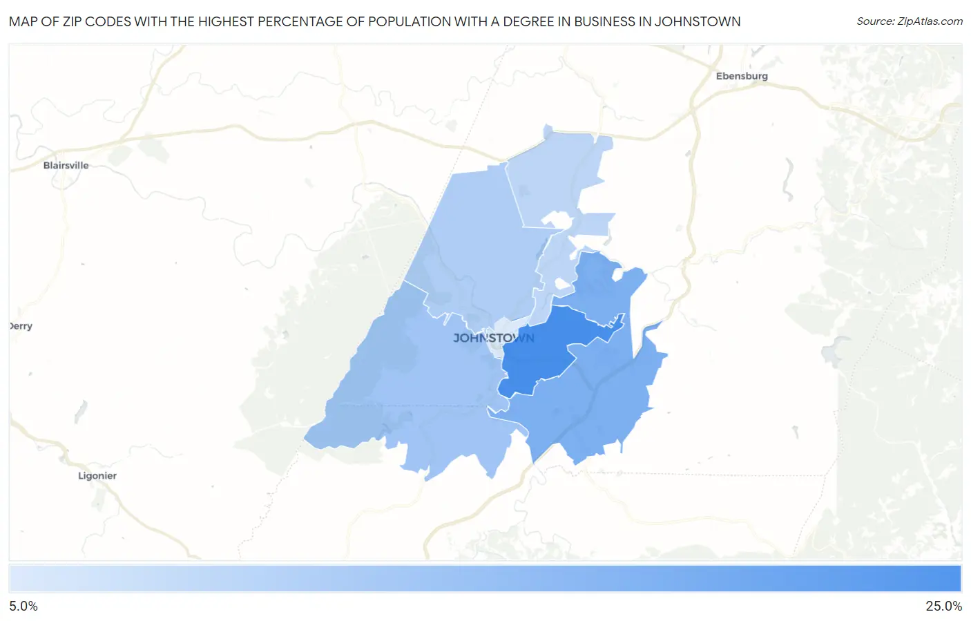 Zip Codes with the Highest Percentage of Population with a Degree in Business in Johnstown Map