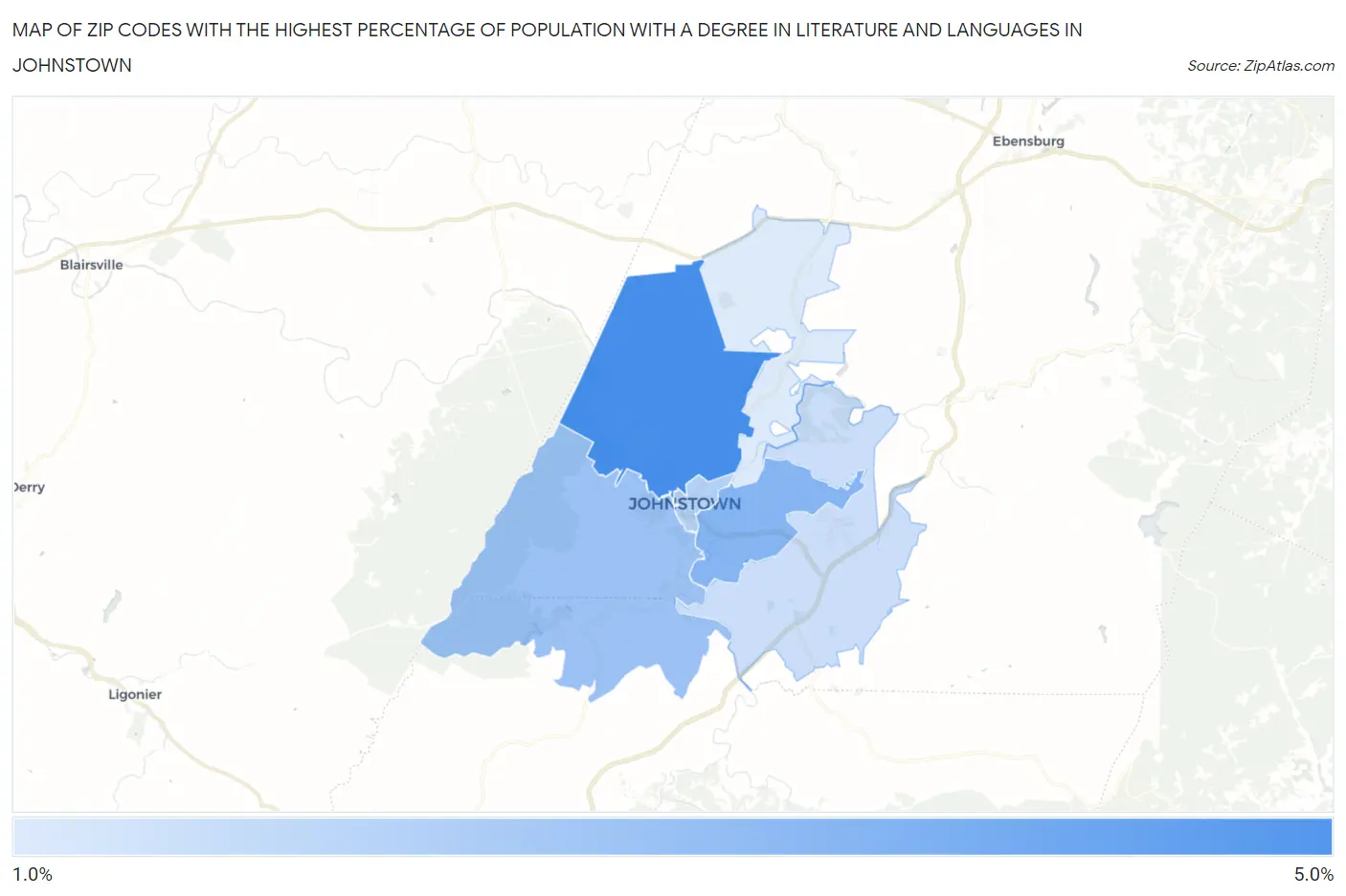 Zip Codes with the Highest Percentage of Population with a Degree in Literature and Languages in Johnstown Map