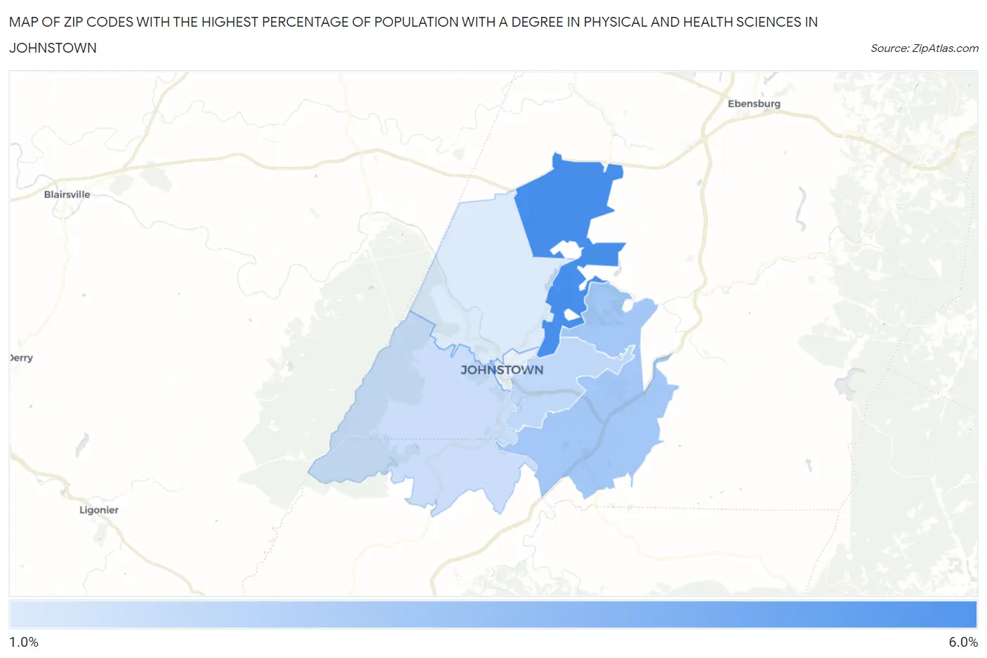 Zip Codes with the Highest Percentage of Population with a Degree in Physical and Health Sciences in Johnstown Map